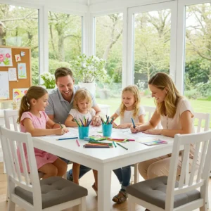 A happy family with a young son and daughter coloring together in a bright, sunny room, using printable coloring pages from OneClickColoring.com.