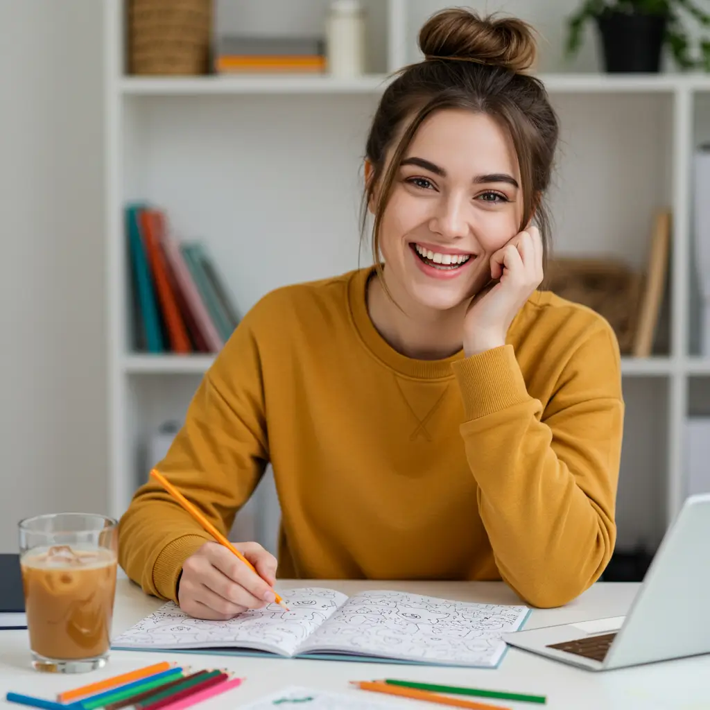 A joyful young woman with her hair in a bun, wearing a yellow sweatshirt, smiles at the camera while coloring in a detailed pattern book at her desk